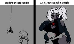 arachnophobia big_breasts blush blushing boob_window breasts female hand_on_face hugging large_breasts leotard meme mouth_open multi_arm multi_limb no_sex scared silkvia spider spider_girl voluptuous voluptuous_female white_hair white_hair_female wholesome zamzipperart