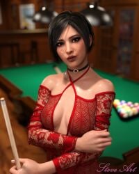 1girls 3d 3d_(artwork) 3d_model 3d_render absurd_res absurdres ada_wong ada_wong_(adriana) areolae artist_signature asian asian_female billiard_ball billiard_table black_hair blurry_background brown_eyes capcom chairs choker cleavage door female female_only fit_female glistening_body highres holding_object indoors lamps lighting looking_at_viewer mature_female nipples_visible_through_clothing queue red_robe resident_evil resident_evil_4 robe see-through see-through_clothes see-through_clothing shiny_skin short_hair solo steveart0929 windows