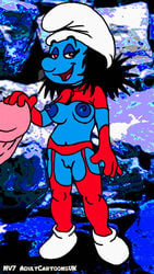 2007 black_hair blue_body blue_skin breasts clothing female giant larger_male light-skinned_male light_skin macro macro/micro male male/female micro minigirl nev nipples partially_clothed penis peyo_(copyright) puffy_nipples pussy red_eyes size_difference smaller_female smurfette tagme the_smurfs vexy