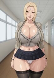 ai_generated anime big_breasts blonde_hair breasts brown_eyes buk1t0 female hallway_in_background high_quality high_resolution highleg_thong highres light-skinned_female looking_at_viewer low_twintails manga mature mature_female mature_woman meta milf miniskirt naruto naughty_face school_uniform schoolgirl slutty_clothes slutty_face solo tsunade wanting_sex