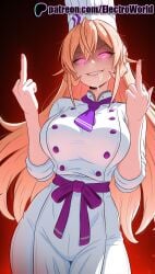 1girls 2025 ai_generated artist_name blonde_hair breasts breasts breasts bust chest dress electroworld english_text female finger_gun glowing glowing_eyes hat hi_res high_quality high_resolution highres long_hair looking_at_viewer nakiri_erina patreon patreon_username pointing purple_eyes shokugeki_no_souma smile solo stable_diffusion watermark white_dress