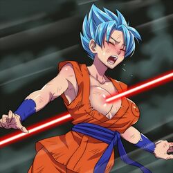 1girls blue_hair blush breasts busty cleavage dragon_ball dragon_ball_super female female_goku goddess light-skinned_female light_skin rule_63 saiyan short_hair son_goku spiky_hair super_saiyan super_saiyan_blue teba_motoko voluptuous wounded