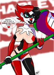 ! <3 1girls 2013 aeolus06 aqua_eyes batman_(series) big_breasts bimbo black_hair black_lipstick blue_eyes body_blush breasts clown clown_girl clown_makeup clown_nose color corset cosplay crossover dc_comics detached_sleeves english_text facepaint female female_only giggles_the_slutty_clown hammer harley_quinn harley_quinn_(cosplay) heart hourglass_figure human large_breasts lipstick looking_at_viewer makeup mask melee_weapon original_character pale_skin panties pasties red_hair short_hair signature skimpy smile solo speech_bubble text thighhighs two_tone_hair war_hammer weapon