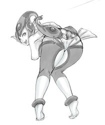 anus bent_over breasts detached_leggings digimon digimon_frontier female fingerless_gloves fins gloves helmet highres knees_together_feet_apart large_breasts legoman lips monochrome monster_girl nipples pussy ranamon sketch slit_pupils solo spread_anus spread_ass tiptoes