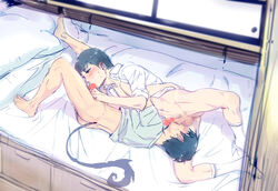 2boys 69 ao_no_exorcist ass bed bottomless brother brothers censored cum drooling fellatio gay glasses incest male male_only multiple_boys okumura_rin okumura_yukio oral penis pointy_ears saliva siblings sweat tail testicles twincest twins yaoi