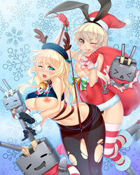 2girls anchor antlers atago_(kantai_collection) bell black_eyes blonde_hair blue_eyes boots breasts christmas gloves hairband hat kantai_collection large_breasts lucknight multiple_girls navel panties pantyhose rensouhou-chan ribbon sack saliva santa_costume santa_hat shimakaze_(kantai_collection) shirt_lift small_breasts striped striped_legwear tongue torn_clothes torn_pantyhose triangle_mouth underboob underwear wink