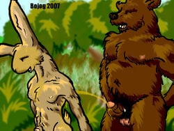 2007 ? anthro balls bear bojog chubby color day erection forest fur furry furry_only gay golden_shower grass interspecies lagomorph male nipples nude open_mouth outdoors peeing penis predator/prey public rabbit sex sky smile tree urine watersports wet