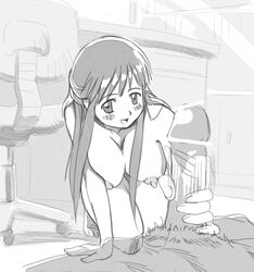 all_fours blush breasts desk female francine_(daijaemon) handjob happy_sex kneeling large_breasts long_hair monochrome nipples nude open_mouth penis smile solo_focus straight