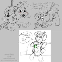 2boys 4chan blush bondage bound clothing collar erection friendship_is_magic fur furry furry_only leash male male_only monochrome my_little_pony penis pet_play shirt sketch smooth_skin smudge_proof snails_(mlp) snips_(mlp) suspension text