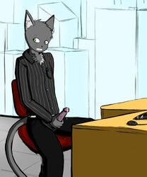 anthro chair city cum desktop feline fur furry furry_only gay green_eyes grey_fur male male_only masturbation maxxy office penis petkitten whiskers white_fur