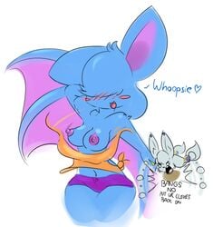 anthro anthrofied bangs_(character) bat blue_fur breasts elpatrixf english_text female fur hair_over_eyes kriyu nintendo pokemon purple_nipples text video_games wardrobe_malfunction zubat