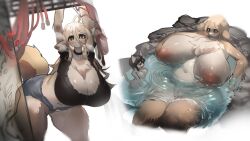 16:9 anthro areola big_breasts breasts cleavage clothed clothing domestic_cat felid feline felis female genitals hi_res huge_breasts larger_female mammal nipples partially_submerged pussy size_difference smaller_female utterangle water widescreen