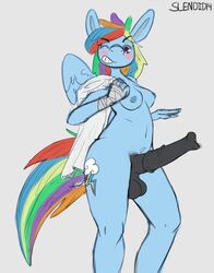 1futa 2014 anthro anthrofied blue_fur blush breasts cutie_mark dickgirl equine erection friendship_is_magic fur futanari hair intersex looking_at_viewer mammal multicolored_hair my_little_pony navel one_eye_closed pegasus penis rainbow_dash_(mlp) rainbow_hair slendidnt solo straight_hair towel vein wings