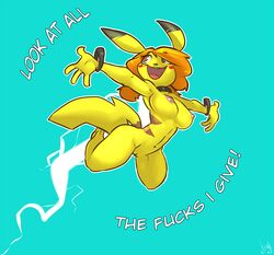 2013 anthro areola atryl big_breasts breasts brown_eyes edit english_text erect_nipples female female_only futa'chu hair navel nintendo nipples nude orange_hair pikachu pokemon pussy solo text video_games