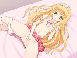 1girls azuki_azusa blonde_hair blush bow breasts censored drooling female_only green_eyes hairband hairbow hentai_ouji_to_warawanai_neko. highres long_hair mawarimichi navel nipples no_bra panties panties_around_leg plaid plaid_skirt pussy pussy_juice school_uniform shirt_lift skirt small_breasts spread_pussy underwear very_long_hair