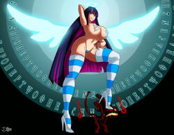 areola bikini breasts cameltoe erect_nipples female ghost_(psg) green_eyes grimphantom halo high_heels large_breasts long_hair nipples oddrich panties panty_&_stocking_with_garterbelt pose stocking_anarchy striped striped_legwear thighhighs two_tone_hair wide_hips wings