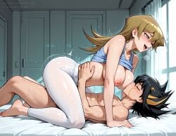 1boy 1girls ai_generated alexis_rhodes barefoot breast_sucking cowgirl_position implied_sex large_breasts leggings open_mouth sex smile sucking_nipples vertiloart yoga_pants yu-gi-oh! yusei_fudo