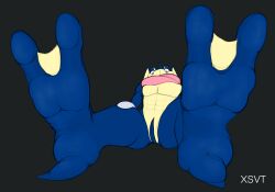 2020s 2023 2_toes 2d 2d_artwork abs absurd_res absurdres anthro blue_body extreme_size_difference feet feet_fetish feet_up foot_fetish foot_focus foot_worship frog generation_6_pokemon greninja macro macro_anthro macro_male male micro micro_ambiguous pink_eyes pok&eacute;mon_(species) pokemon pokemon_(species) pokemon_xy simple_background size_difference spread_legs toned_body webbed_feet worship xenoscape