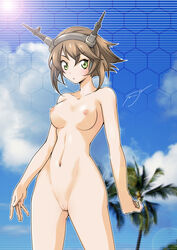 blush breasts brown_hair chains cloud female green_eyes headgear kadokawa_shoten kantai_collection large_breasts looking_at_viewer medium_breasts mound_of_venus mutsu_(kantai_collection) navel nipples nude onaya_masakazu personification pussy short_hair sky solo uncensored