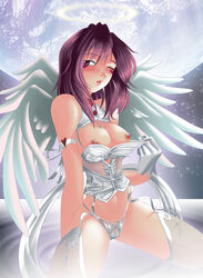 breasts corset garters melficexd navel nipples panties purple_eyes purple_hair stockings wink