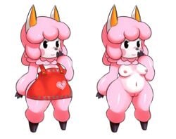 alpaca animal_crossing apron breasts clothing female fur furry furry_only mammal matospectoru naked naked_apron nintendo nude pussy reese_(animal_crossing) solo thick_thighs video_games wide_hips