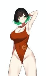 armpit black_hair cersea_soulstorm chromashift company_name green_eyes green_hair high-waist_swimwear idol_corp large_breasts lifeguard_swimsuit miyou one_arm_behind_head short_hair smiling thick_thighs virtual_youtuber wide_hips