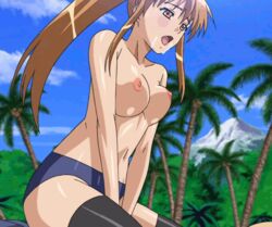 15_bishoujo_hyouryuuki animated asou_saori black_legwear bouncing_breasts breasts brown_hair buruma cowgirl_position cum facial palm_tree sex sky stitched thighhighs vaginal_penetration