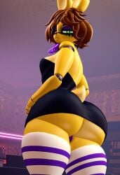 1boy 3d 3d_(artwork) ai_generated animal_ears animal_nose animatronic anthro big_butt black_dress bowtie brown_hair bunny bunny_ears closed_mouth cowboy_shot curvy dress eyeshadow femboy five_nights_at_freddy's from_behind from_below furry furry_male furry_only green_eyes half-closed_eyes huge_ass indoors looking_at_viewer looking_back looking_down machine male male_only microdress nightclub off_shoulder purple_bowtie purple_eyeshadow purple_stockings purple_thighhighs purple_thong rabbit rabbit_ears robot robot_boy runny_makeup scottgames short_hair short_tail small_breasts smile solo solo_male spring_bonnie_(fnaf) spring_bonnie_(mishuyuu) striped_stockings striped_thighhighs thick_thighs thong three-quarter_portrait three-quarter_view tifokoh57 walking white_stockings white_thighhighs wide_hips yellow_body