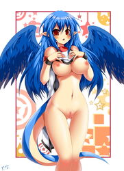 blue_hair blush breast_suppress breasts emperpep female female long_hair looking_at_viewer navel nipples nude open_mouth pointy_ears pussy red_eyes solo standing tail uncensored wings