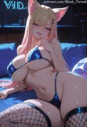 1girl ahri ahri_(league_of_legends) ai_generated animal_ear_fluff animal_ears arm_support bangs bare_shoulders belly bikini blonde_hair blue_bikini blue_eyes blush breasts cleavage collarbone covered_nipples eyebrows_visible_through_hair fangs finger_to_mouth fishnet_legwear fishnets fox_ears fox_girl fox_tail hair_ornament hairclip half-closed_eyes halterneck heart heart-shaped_pupils k/da_ahri k/da_series large_breasts league_of_legends:_wild_rift long_hair looking_at_viewer lying mascara micro_bikini mole mole_on_breast mole_under_mouth multiple_tails nail_polish naughty_face navel open_mouth parted_lips riot_games sidelocks sitting skindentation smile solo stomach string_bikini sweat swept_bangs swimsuit symbol-shaped_pupils tail thighhighs thighs underboob very_long_hair