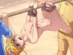 1girl areolae bdsm blonde_hair bondage bound breasts captured feet female hair_ribbon highres large_breasts legs long_hair looking_up marin_(sea_story) navel nightmare_express nipples nude open_mouth ponytail ribbon rope sand sea_story shimano_natsume spoils thighs tied_hair tied_up toes tribal_carry walking yellow_eyes