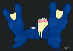 2020s 2023 2_toes 2d 2d_artwork abs absurd_res absurdres anthro blue_body extreme_size_difference feet feet_fetish feet_up foot_fetish foot_focus foot_worship frog generation_6_pokemon greninja macro macro_anthro macro_male male micro micro_ambiguous pink_eyes pok&eacute;mon_(species) pokemon pokemon_(species) pokemon_xy simple_background size_difference spread_legs sweaty_feet toned_body webbed_feet worship xenoscape