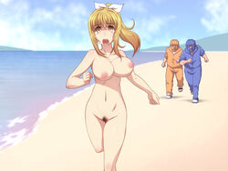 areolae beach blonde_hair blush bouncing_breasts breasts clouds female highres imminent_rape large_breasts legs long_hair looking_at_viewer mask nightmare_express nipples nude ocean open_mouth ponytail pubic_hair running sand shimano_natsume sky tears thighs tied_hair water yellow_eyes