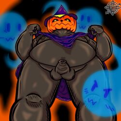 black_body black_eyes blue_skin blush chubby chubby_male displaying ghost halloween looking_down low_view moobs nipples penis pulling_own_clothes pumpkin pumpkin_head purple_clothes raising_shirt showing_penis stomach thighs_large wizard wizard_hat
