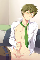 1boy abs arm_support bed belt blanket blush dress_shirt free! funikurikurara green_eyes highres male male_only masturbation necktie nipples open_clothes open_mouth open_shirt pants_around_one_leg penis pillow precum shirt sitting solo sweat tachibana_makoto testicles toned