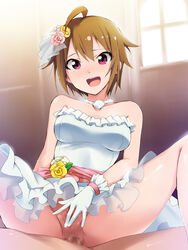 ahoge anal bare_shoulders blush bride brown_hair censored cowgirl_position dress female flower gloves hair_flower hair_ornament highres human ibuki_tsubasa idolmaster idolmaster_million_live! jewelry kaiga male necklace no_panties open_mouth penis purple_eyes pussy pussy_juice sex short_hair skirt smile solo_focus spread_legs straddling straight sweat wedding_dress white_dress white_gloves