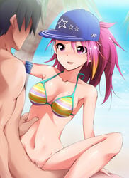 armlet ayumu_maihama baseball_cap bikini_top blush bottomless breasts censored cleavage cowgirl_position cum cum_in_pussy female hat highres human idolmaster idolmaster_million_live! jewelry kaiga long_hair male multicolored_hair navel penis pink_eyes pink_hair pubic_hair pussy sex sitting smile solo_focus spread_legs straddling straight striped sweat swimsuit vaginal_penetration