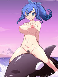 animal areolae blue_eyes blue_hair bouncing_breasts breasts censored dolphin drill_hair female highres large_breasts legs long_hair navel nightmare_express nipples nude ocean ponytail pubic_hair pussy shimano_natsume sitting sky smile thighs tied_hair water