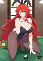 8-ball ahoge animal_ears aqua_eyes arm_support artist_logo artist_name ball billiard_ball billiards black_footwear black_leotard black_pantyhose breasts cleavage closed_mouth crossed_bangs detached_collar fake_animal_ears fake_tail female female_focus fishnet_pantyhose fishnets hair_between_eyes high_heels high_school_dxd highres indoors kaos_art kneeling large_breasts leotard logo long_hair looking_at_viewer on_table pantyhose patreon_username playboy_bunny pool_table rabbit_ears rabbit_tail red_hair rias_gremory shadow smile solo strapless strapless_leotard table tail very_long_hair window wrist_cuffs