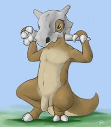 2014 anthro balls bone crouching cubone flaccid furry furry_only generation_1_pokemon genitals grass male male_only nintendo no_humans nude penis pokemon pokemon_(species) reptile scalie simple_background skull solo straight_hair taga uncut video_games