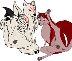 amaterasu anatomically_correct anatomically_correct_pussy animal_genitalia animal_pussy anus balto_(film) bpq00x canine canine_pussy crossover deity duo female feral fur jenna_(balto) mammal okami pawpads presenting presenting_anus presenting_pussy pussy simple_background spread_legs spreading white_background wolf