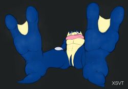2020s 2023 2_toes 2d 2d_artwork abs absurd_res absurdres anthro blue_body extreme_size_difference feet feet_fetish feet_up foot_fetish foot_focus foot_worship frog generation_6_pokemon greninja macro macro_anthro macro_male male micro micro_ambiguous musk musky_feet pink_eyes pok&eacute;mon_(species) pokemon pokemon_(species) pokemon_xy simple_background size_difference spread_legs sweaty_feet toned_body webbed_feet worship xenoscape