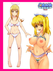 areolae bare_shoulders barefoot bikini blonde_hair blush breasts cameltoe feet female highres large_breasts legs long_hair navel nightmare_express nipples open_mouth ponytail pubic_hair shimano_natsume simple_background smile standing thighs tied_hair toes yellow_eyes