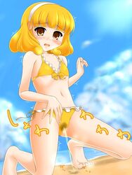 beach bikini blonde_hair blush brown_eyes female flat_chest katsuragi_niya peeing precure pretty_cure pussy short_hair smile_precure solo swimsuit yayoi_kise young