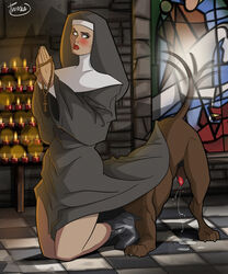 blush boots canid canid_on_humanoid canine canine_on_human church dog domestic_dog dripping female female_human feral great_dane green_eyes half-erect hetero human interspecies kneeling leaking lipstick male male/female male_canine naughty_animal nun penis praying precum sex skirt_lift straight tailwag turria zoophilia