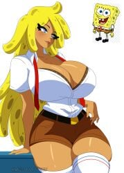 ahoge big_breasts big_thighs blue_eyes brown_shorts chilling curly_hair curvy curvy_figure freckles genderswap_(mtf) hand_on_table happy hourglass_figure long_hair m.grace male_to_female mg231101778 nickelodeon red_bowtie reference_image rule_63 shiny_skin simple_background spongebob_reference spongebob_squarepants spongebob_squarepants_(character) tanned_skin tanned_skinned_female tight_clothing uniform watermark white_background yellow_hair