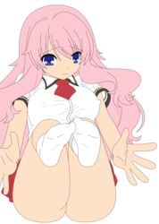 ass baka_to_test_to_shoukanjuu blue_eyes breasts erect_nipples female high_resolution himeji_mizuki legs long_hair miniskirt no_bra no_panties photoshop pink_hair school_uniform skirt smile thighs upskirt vector_trace