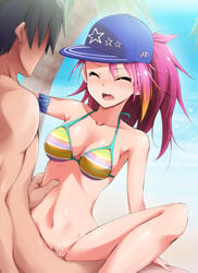 armlet ayumu_maihama baseball_cap bikini_top blush bottomless breasts censored cleavage closed_eyes cowgirl_position cum cum_in_pussy female hat highres human idolmaster idolmaster_million_live! jewelry kaiga long_hair male multicolored_hair navel open_mouth penis pink_hair pubic_hair pussy sex sitting smile solo_focus spread_legs straddling straight striped sweat swimsuit vaginal_penetration