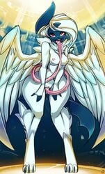 1girls 2018 absol anthro areolae autocunnilingus blush breasts claws feathered_wings feathers female female_only furry hi_res horn jn1306 licking long_tongue looking_at_viewer masturbation mega_absol mega_evolution nintendo nipples open_mouth oral paws pokémon_(species) pokemon pokemon_(species) pokemon_rse pokemon_xy pussy red_eyes saliva smile solo spirale standing tongue tongue_out vaginal_penetration video_games white_feathers white_fur wings