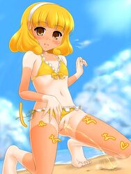 beach bikini blonde_hair blush brown_eyes female flat_chest katsuragi_niya peeing precure pretty_cure pussy short_hair smile_precure solo swimsuit tan tanline yayoi_kise young